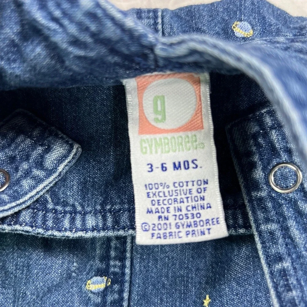Vintage 2001 Gymboree Space Rocket Ship Denim Overalls Blue 3-6M Embroidered